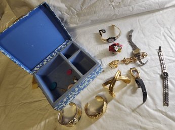 Jewelry Box And Costume Jewelry, Vintage, Watches, Bracelets, Variety