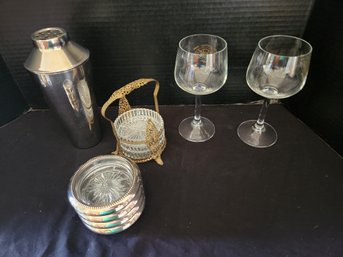 Wine Goblets, Silver Plate Coasters, Martini Shaker, Barware