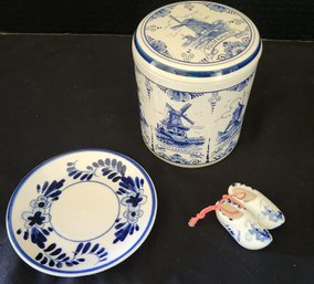 Delft Canister, Plate, Clogs, Hand-painted Ceramic, Vintage