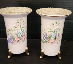 2 Gorgeous Lefton China Footed Vases, Hand Painted, Vase, Gold Accent, MINT, Textures, Raised Relief