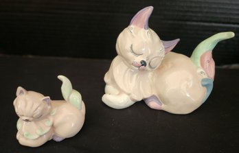 RARE 2 Ceramic Glazed Cats, Mother & Baby, Vintage, Signed By Artist Kay Finch, Pottery - MINT