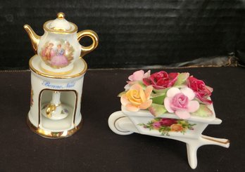 Limoges Mini Tea Pot, Royal Albert Bone China Wheelbarrow Flower Cart- Both Mint