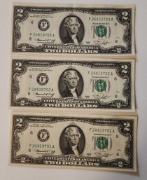 Three 1976 Bicentennial $2 Bills, Sequential Serial Numbers, Uncirculated, Paper Bill