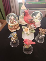 3 Snow Globes & 3 Porcelain Bird Bells, Collectibles, Decor