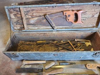 Vintage/antique Tool Box With Hand Tools - Bits, Hammers, Screwdrivers, Drill, Awl, Files, Saw, Variety