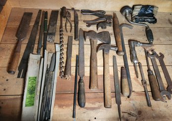 Antique Hand Tools - Carpenter's Drill, Bits, Nicholson Files In Original Box, Wrenches,