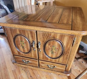 Vintage Wood End Table, Doors, Accent, Wire Drawer Pullout Added - 25' Square, 19' Tall