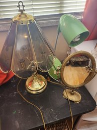 2 Table Lamps & Brass Vanity Mirror, Etched Glass, Desk Lamp, Lighting
