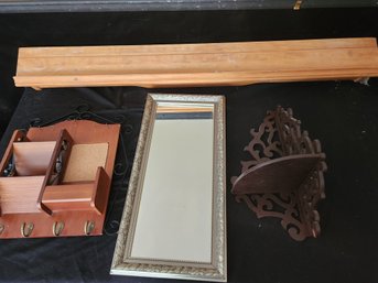 11' X 23' Wall Mirror, Hanging Corner Shelf, Mail Center, Long Wooden Shelving With Plat Slot