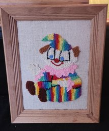 Vintage 15' X 19' Embroidered Yarn Clown, Framed