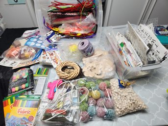Large Lot Craft Supplies: Glue Gun, Colored Sticks, Chenille Stems, Wooden Beads, Fabric Markers - Variety!