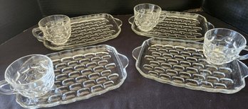 Set Of 4 Vintage Pressed Glass Snack Plates & Cups, Possibly Imperial