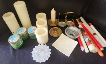 Candle Lot - Candles, Pillar, Taper, Votive - Some Flameless, Brass Candlesticks