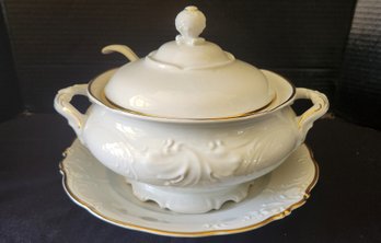 White China Tureen With Ladle, Gold Trim Accent, Polish, Platter, No Blemishes Observed