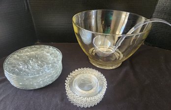 Lovely Punch Bowl, Ladle, Glass Dessert Plates & Coasters, Tableware