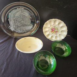 Brody Green Glass Bowls, Ceramic Egg Dish & Oval Serving, Home Laughlin, Santa Platter