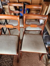4 MCM Art Deco Dining Chairs, Upholstered Seats, Likely Mahogany
