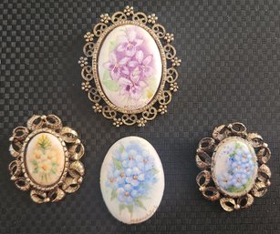 4 PCs Hand Painted Porcelain Antique Brooches, Signed M. Randolph
