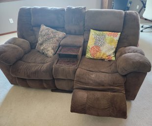 Brown Recliner Sofa Couch Theatre Style, Microfiber, Two Seater With Console