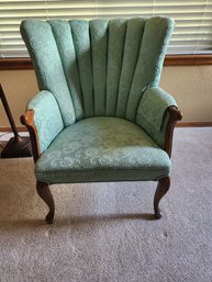 Beautiful Brocade Green Wing Back Accent Chair, Carved Arms & Legs, Vintage 28.5' X 21' X 35'