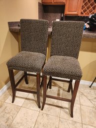 2 Leopard Style Print Bar Stools, Chairs, Counter High Top Cherry Wood, 17' X 20' X 49'