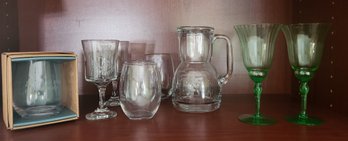 Various Barware, Goblets, Glasses, & Two Vintage Green Glass Crystal Stem