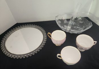 China Teacups, Vintage Trivet, Glass Basket