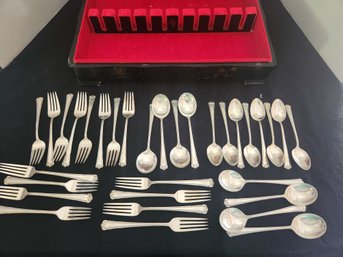Sterling Silver Set Of 8 Flatware Set By Rogers, 'Moonbeam' 40 Pcs. Asian Wooden Box, Silverware