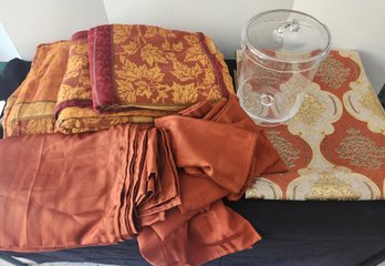 4 Autumn 70' X 144' Tablecloths, Cloth Napkins, Table Runner, Lovely Glass Lidded Canister, Decor