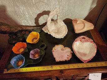 Vintage Handcrafted Ceramic Pieces - Pheasant, Serving Dish, Hearts, Basket, Covered Trinket Dish