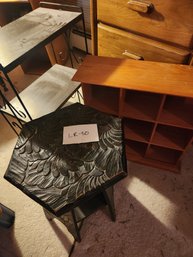 Vintage Wooden Carved Side Accent Table, Metal Shelf, Curio Cubby - Darling Pieces