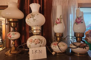 4 Hurricane Milk Glass Vintage Table Lamps, Electric, Globe, Floral