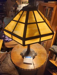 Square Cross Mission Shade Stained Glass Lamp, Bronze Base, Vintage