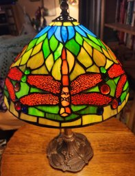 Stunning Leaded Stained Glass Table Lamp, Irregular Border With Dragonflies, Bronze Base