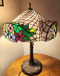 RARE & Stunning Leaded Stained Glass Table Lamp, Bronze Base, Modified Cone Shade, Floral