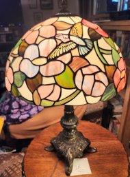 Striking Hummingbird Leaded Stained Glass Table Lamp, Bronze Base, Vintage, Lighting