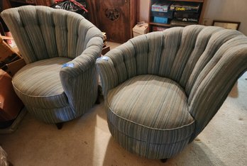 2 Blue Art Deco Asymmetrical Scalloped Side Chairs, Seating, Upholstered, Vintage