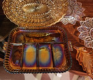 Carnival Glass, Indiana Relish Iridescent Gold, Pressed & Cut EAPG, Leaf, Serving Pieces