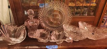 Crystal Bowls, Decanter, EAPG Platter, Serving, Sawtooth Cut Glass