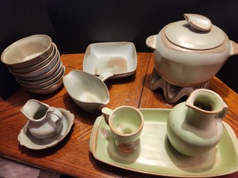 13 Pcs Francoma Pottery Set, Tulsta State Fair, Lidded Bean Pot, Creamer, Gravy MCM Vintage