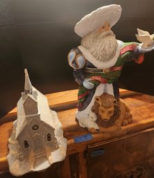 Striking Santa And Church Vintage Candle Holder Ceramic Christmas Holiday Decorations, Decor