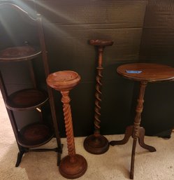 4 Pcs: Antique Muffin/cake/pie Stand, Side Table, 2 Wood Candle Holders