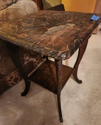 Vintage Carved Top Side Accent Table, Shelf, Tiered 18' Square X 27.5'H