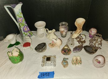 Mixed Decor Lot: Some Vintage, Ceramic, Porcelain, Wood Shoes, Amethyst Geode, Gifts From Travels