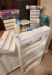 Narrow Shelf, Shelving Organizers, Stacked Drawers Of Sewing Notions/misc., Chip Clips, Lazy Susan,