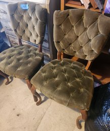 2 French Provincial Vintage Olive Green Plush Velvet Chairs, Tufted, Side Accent Chair Seating