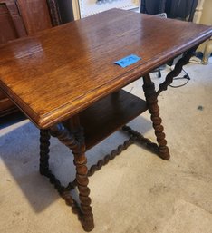 Mid-century French Walnut Side Table With Turned Legs, Shelf, And Stretcher