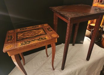 2 Darling Antique Tables: 1 With Inlaid Wood Sewing Table & Music Box, Side, Accent