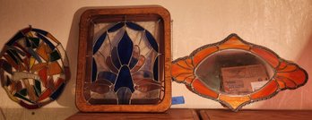 3 Stained Glass Art Pieces, Mirror, Wall Decor Accents