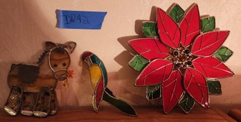 3 Small Stained Glass Art Pieces -poinsettia, Horse, Parrot - Wall Accent Decor